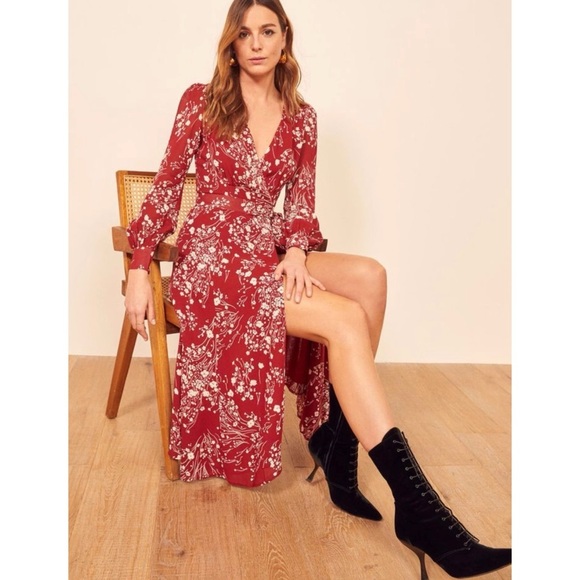 Reformation red floral wrap crepe midi dress WORN ON TV NEW - Picture 1 of 16